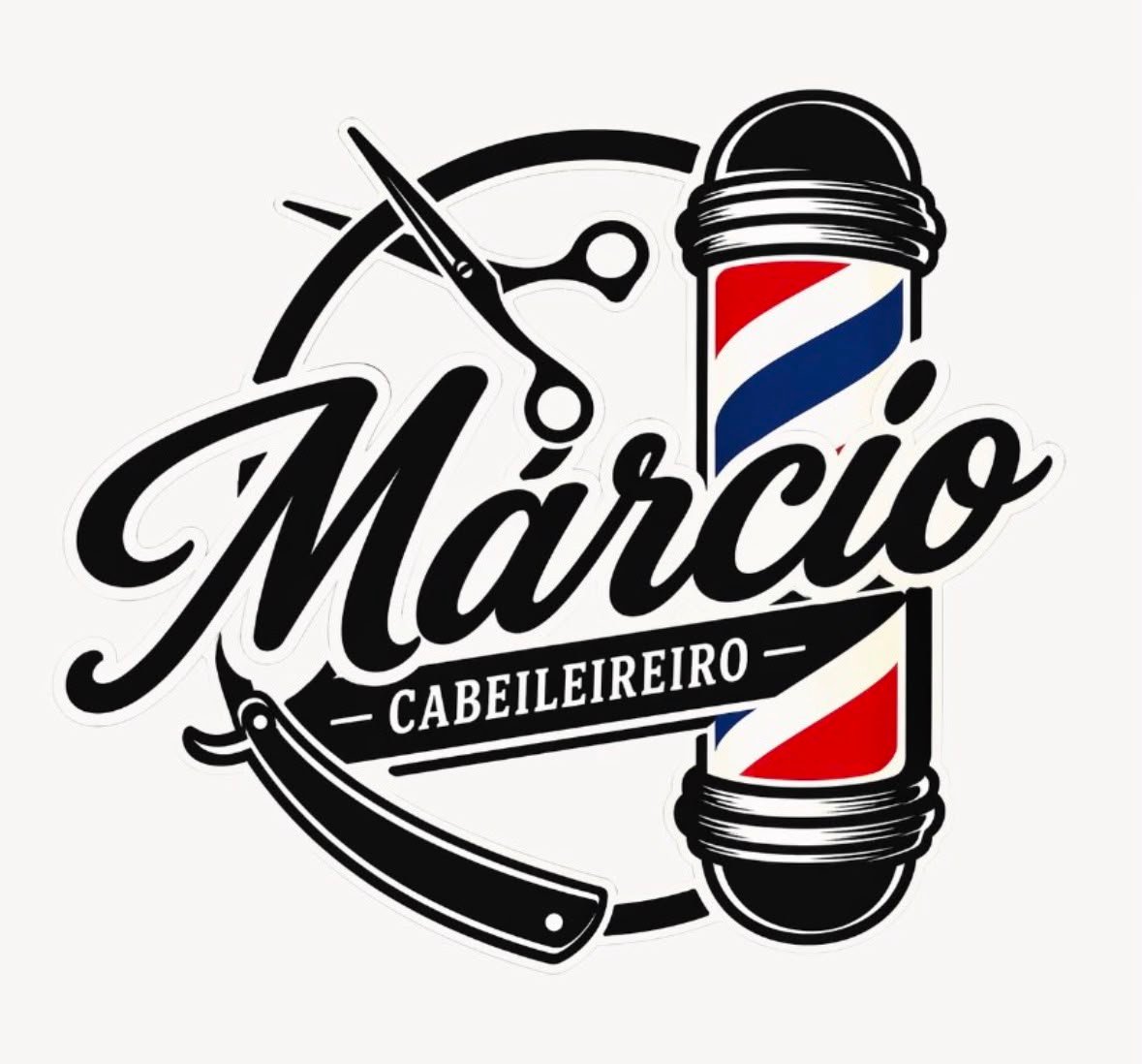 Logo do Márcio Cabeleireiro: tesoura, navalha e poste tricolor.